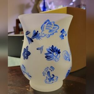 Beautiful Candle Holder vase frosted  glass blue floral. Brand new in box